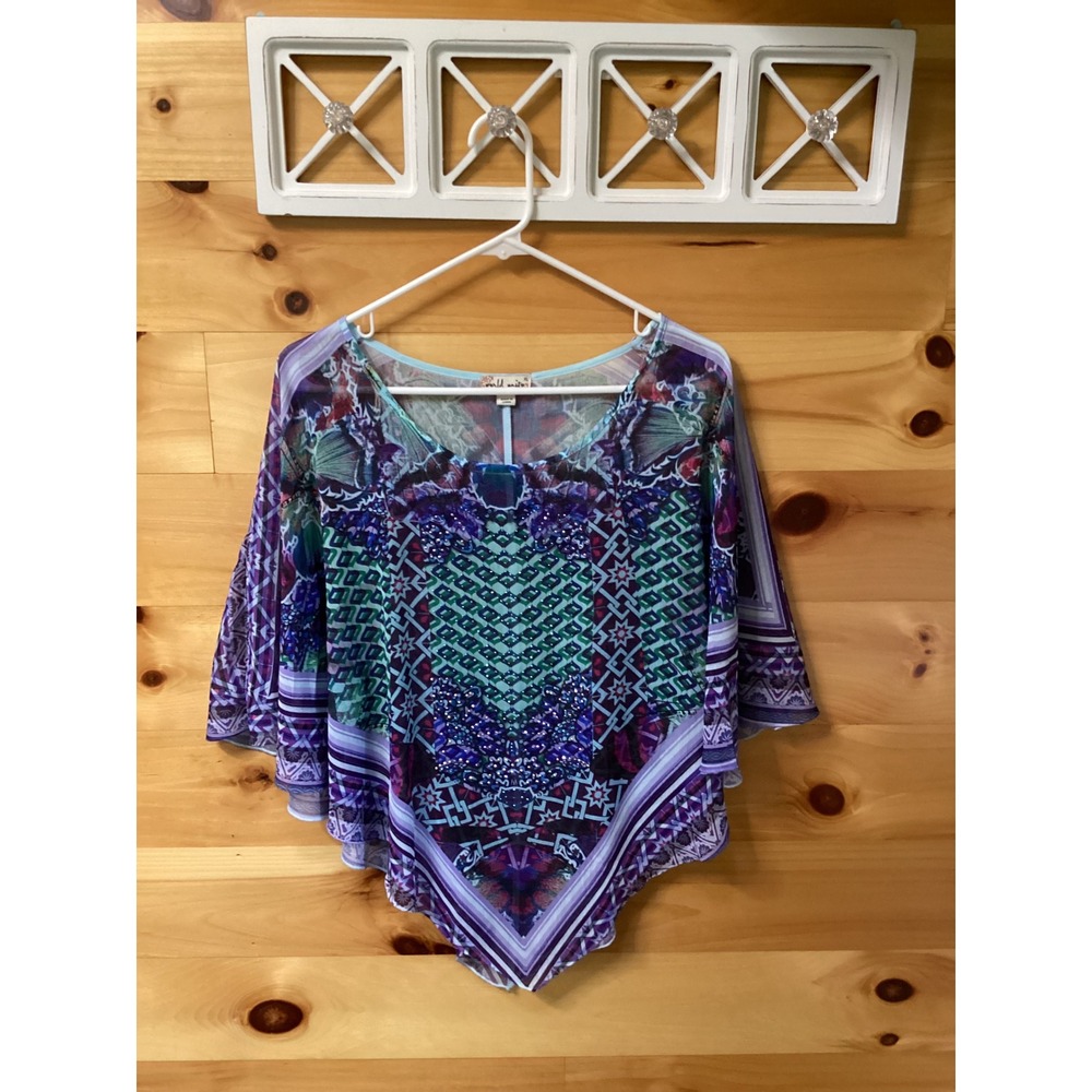 World Unity Women XL Mesh Poncho Top Rhinestone Geometric Purple Teal Boho